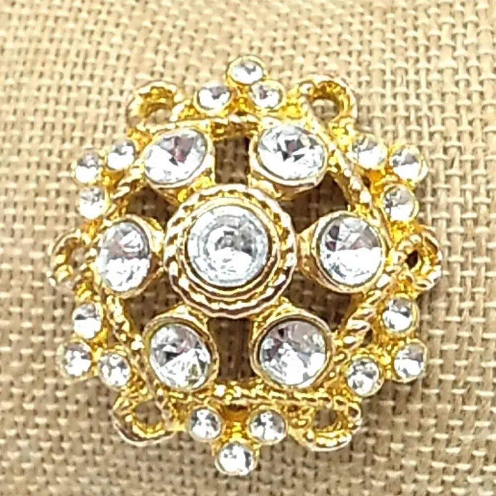 Vintage Twisted Rope Brooch Dome Shaped Rhinestone Gold Tone Pin